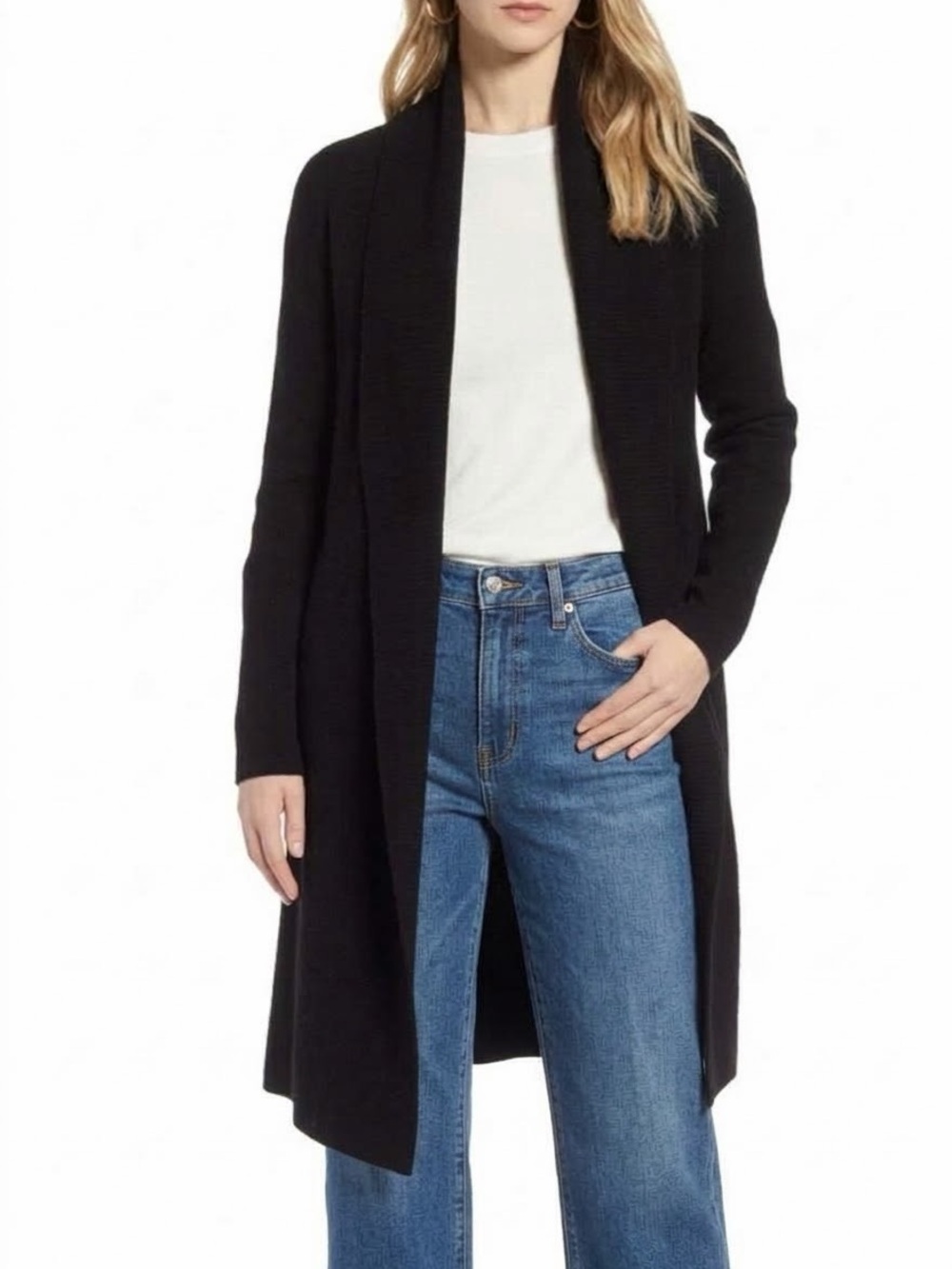 Halogen Black Cashmere Shawl Collar Long Cardigan